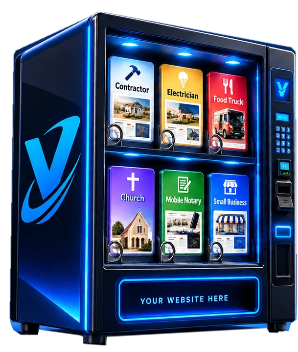 VendySites illuminated blue vending machine with six website choices: Contractor, Electrician, Food Truck, Church, Mobile Notary, and Small Business